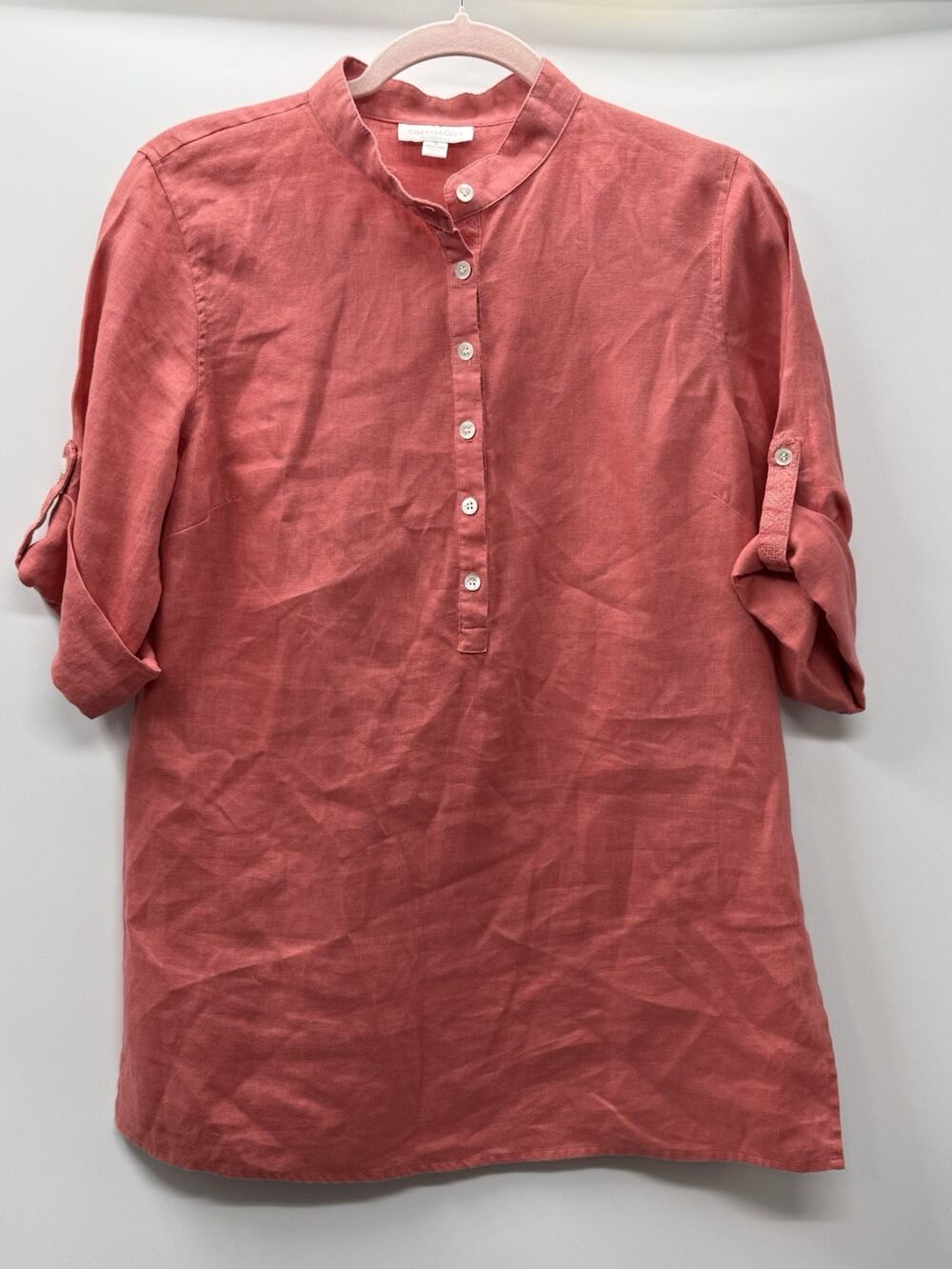 Charter Club Linen Top Sz 8 Coral Pink Roll-Tab Sleeve Mandarin Collar Coastal